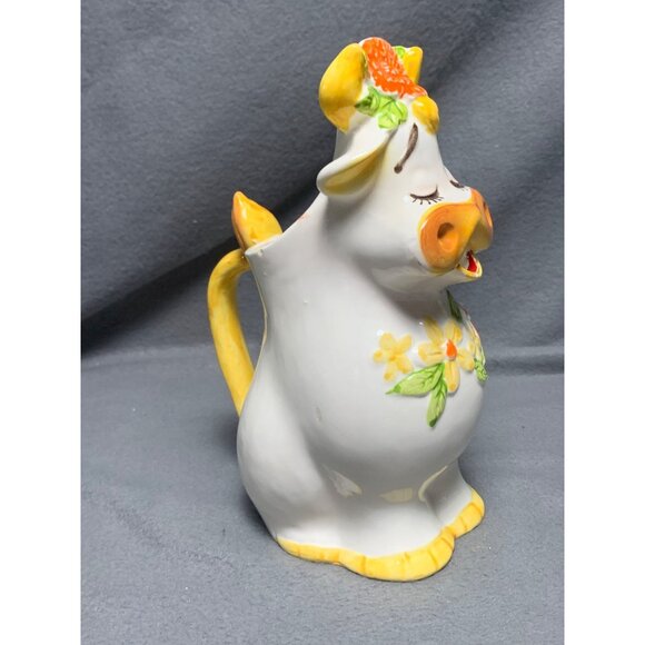 Vintage Bossie Cow-Shaped Ceramic Pitcher with Floral Accents & Handle Lefton - Picture 2 of 14